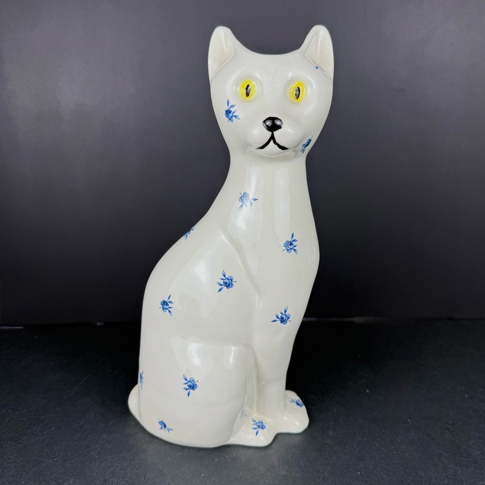 Vintage Cat Vase Figurine w/ Yellow Eyes Hand Painted Blue/white Polish Pottery
